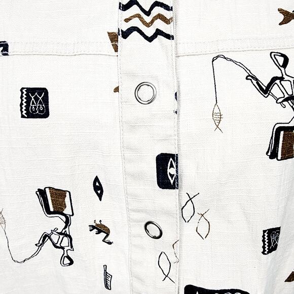 Chico's Design Vintage Tan Egyptian Hieroglyph  Fishing Print Jacket Size M - Picture 7 of 14